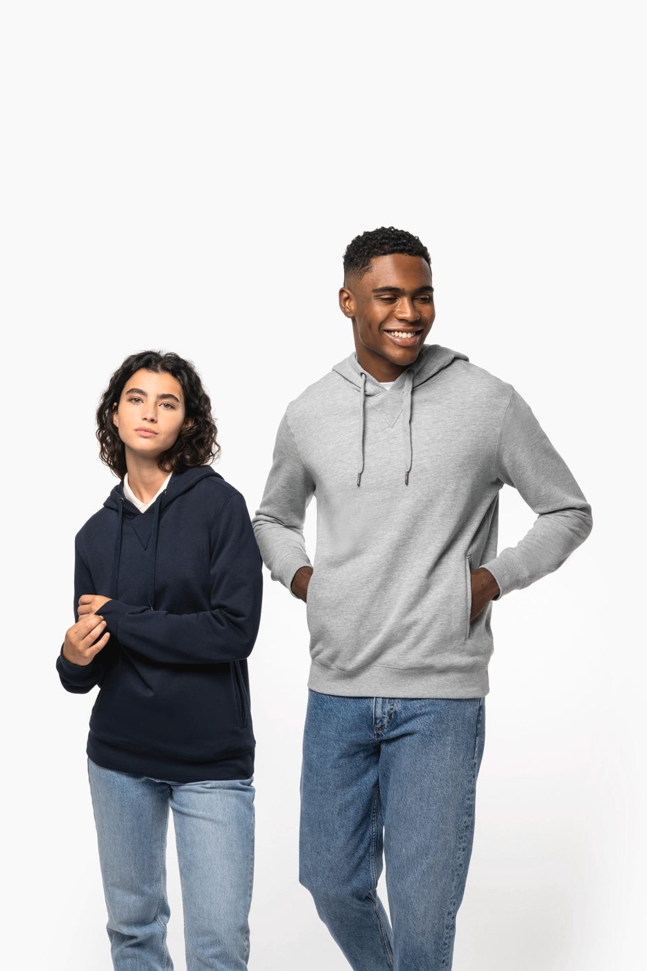Woman in a dark blue and man in a grey hoodie