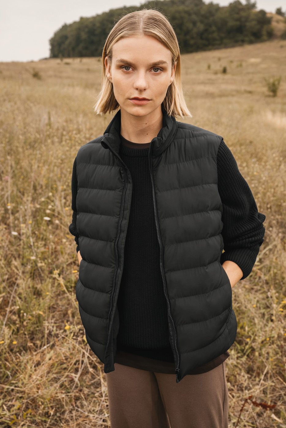 Woman in a black quilted bodywarmer outdoors