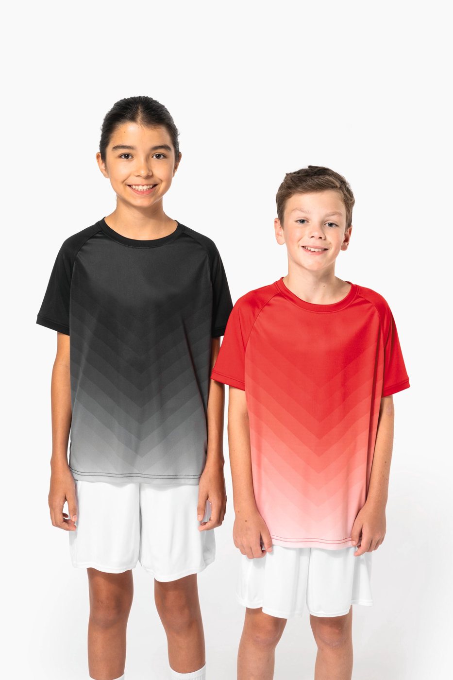 Girl and boy in gradient sports shirts in black and red