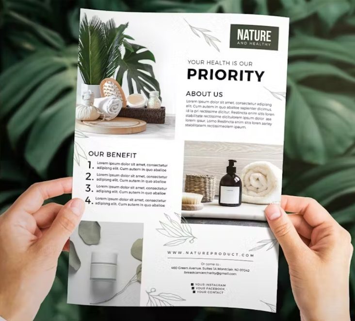 Handen die een geopende productfolder vasthouden
