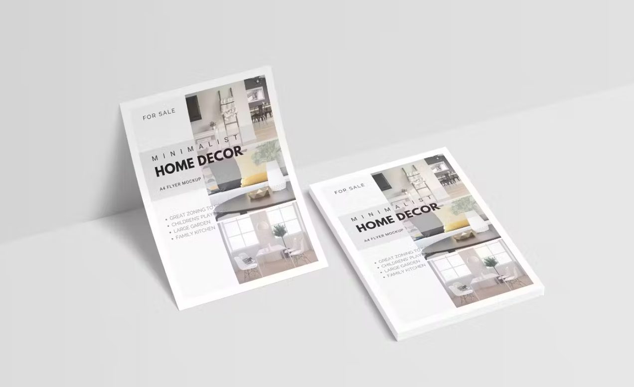 Twee A4-flyers met woninginterieurs naast elkaar