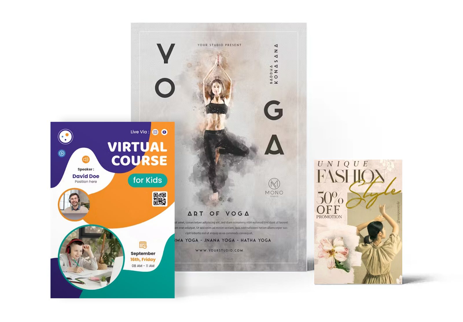 Drie flyers voor een yoga-evenement, een cursus en een modeactie
