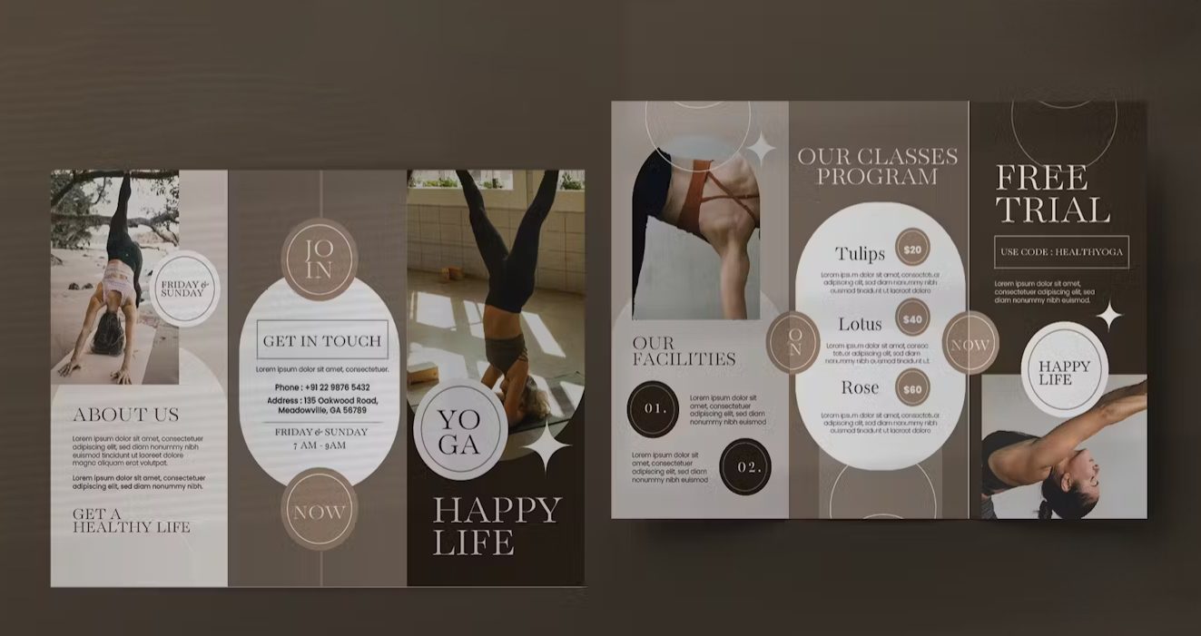 Uitklapbare folder voor een yogastudio met eigen opmaak