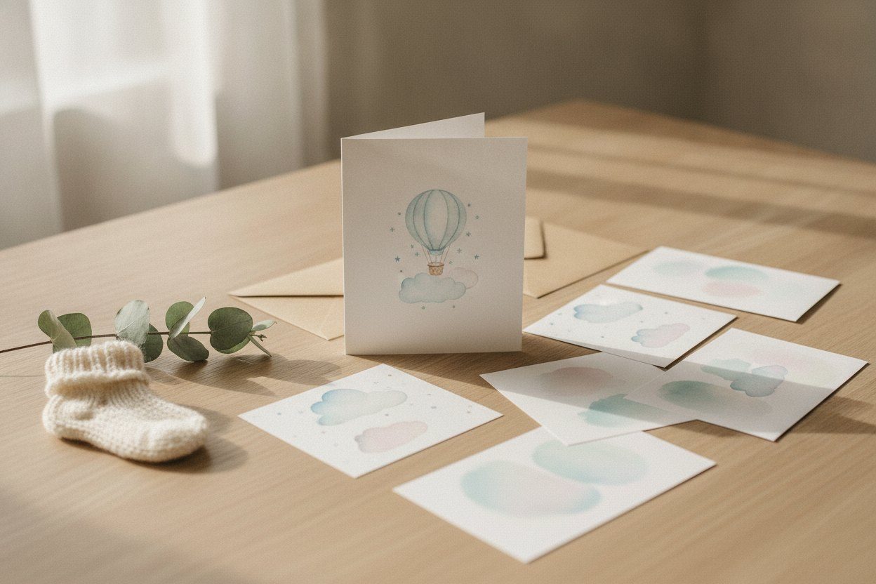Birth announcement cards with a hot air balloon and little clouds on a wooden table, next to a baby sock and eucalyptus