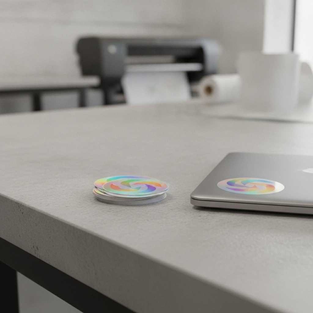 Holographic stickers with a rainbow effect on a table and on a laptop, printed in Nijmegen