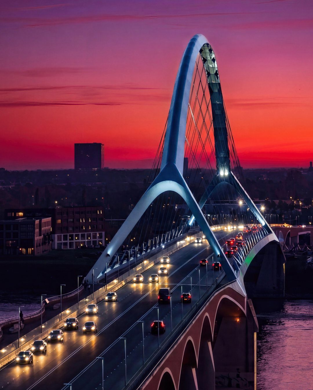 Aerial photo of De Oversteek in Nijmegen at sunset, as an example of a printed poster