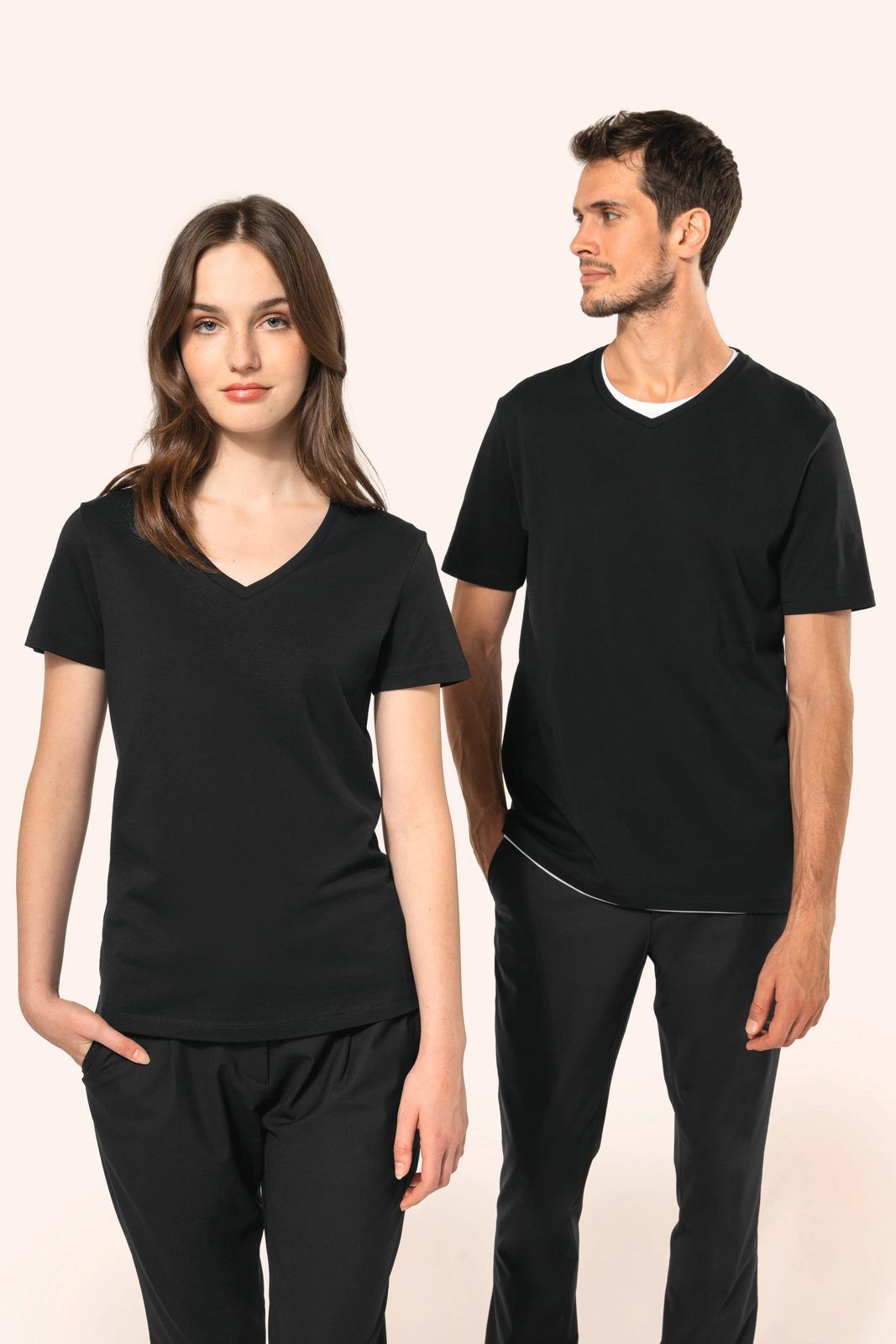 Woman and man in a black V-neck T-shirt