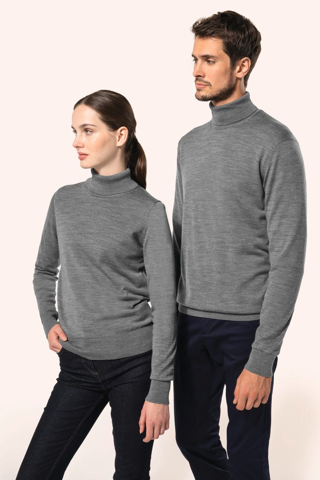 Woman and man in a grey roll-neck merino jumper