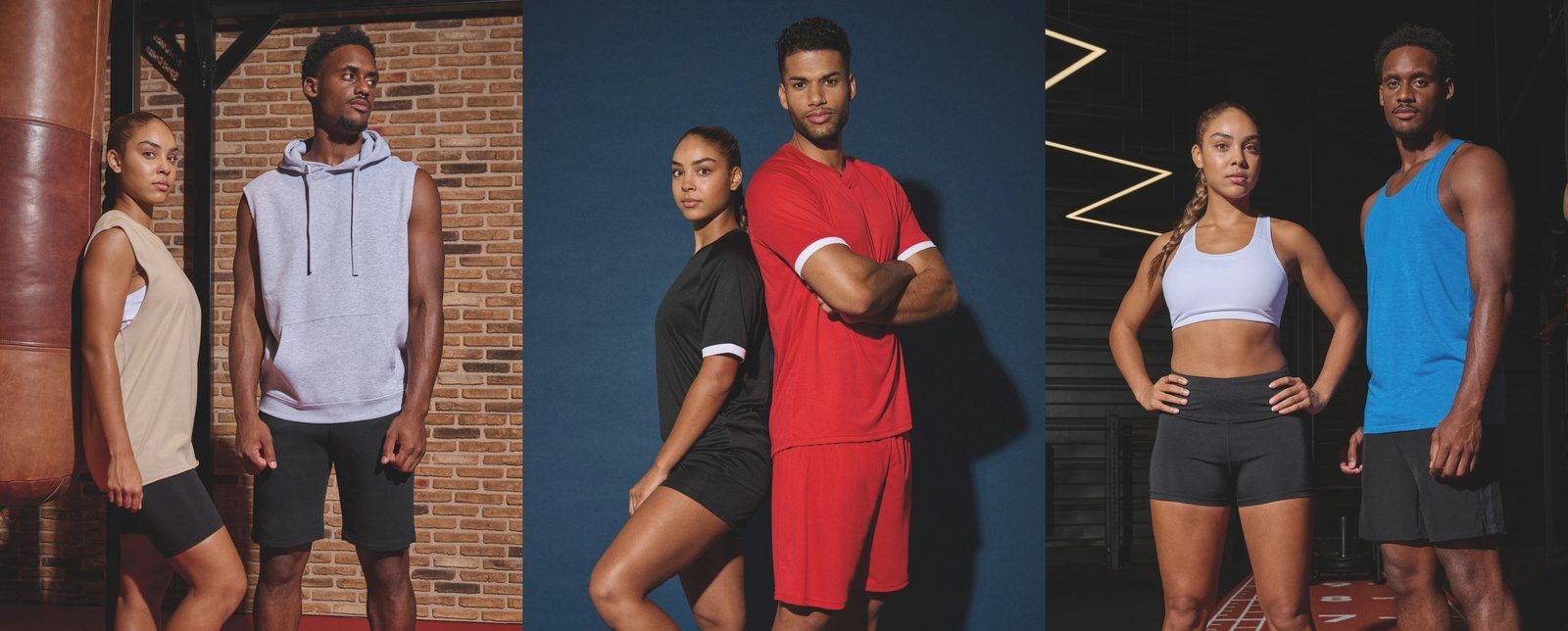Drie sportteams in Proact-kleding naast elkaar: fitness, voetbal en hardlopen