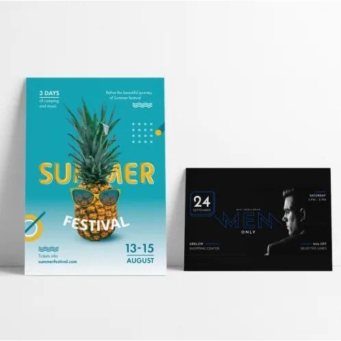 Twee geprinte posters, een festivalposter en een zwarte eventposter