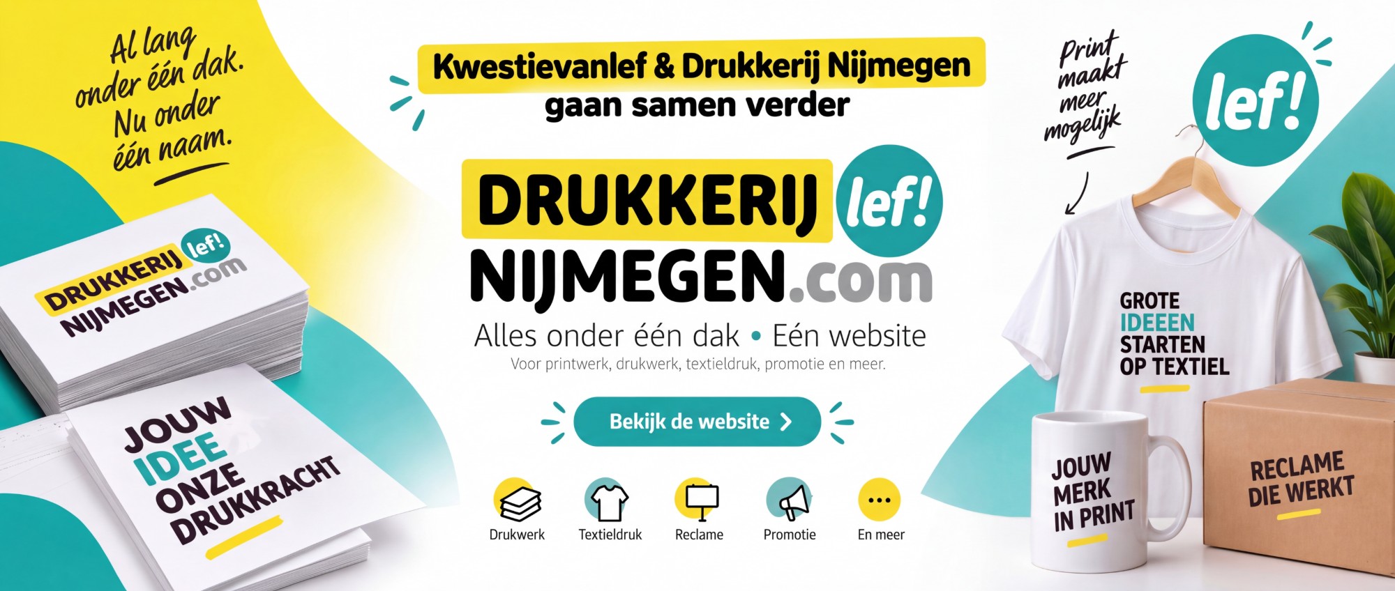 Kwestievanlef en Drukkerij Nijmegen gaan samen verder als DrukkerijNijmegen.com — drukwerk, textieldruk, reclame en promotie onder één dak