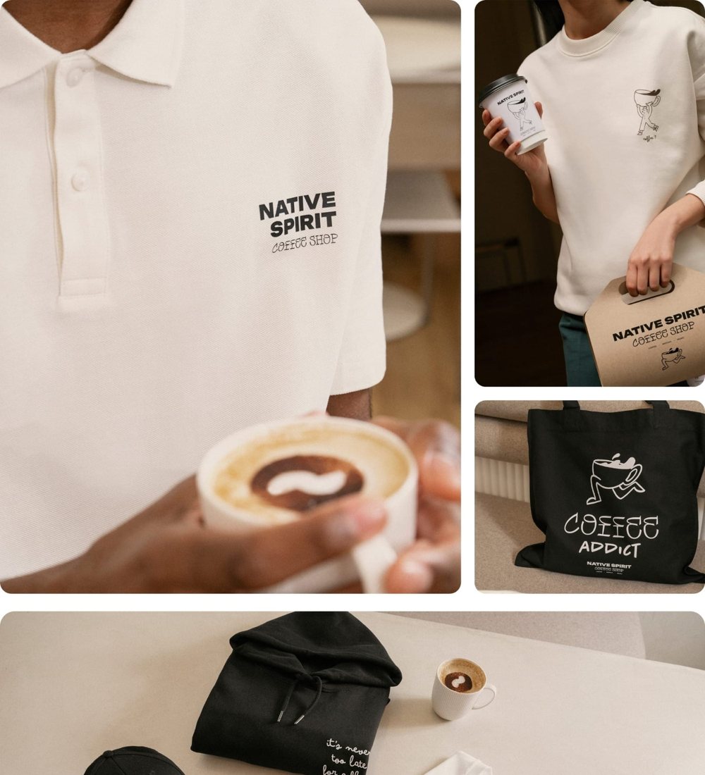 Bedrukte polo, tas, pet en shirt als merchandise van een koffiebar